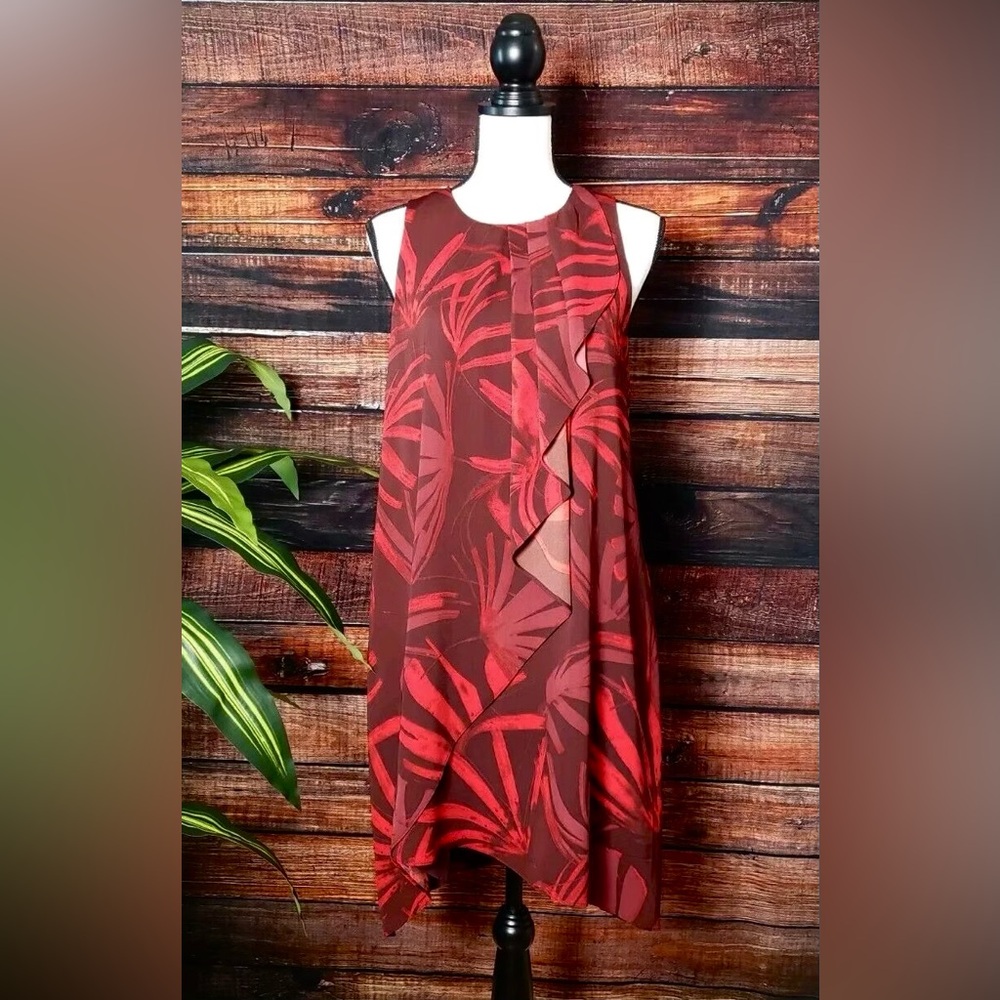 Halston red sleeveless leaf print sheathe midi dress